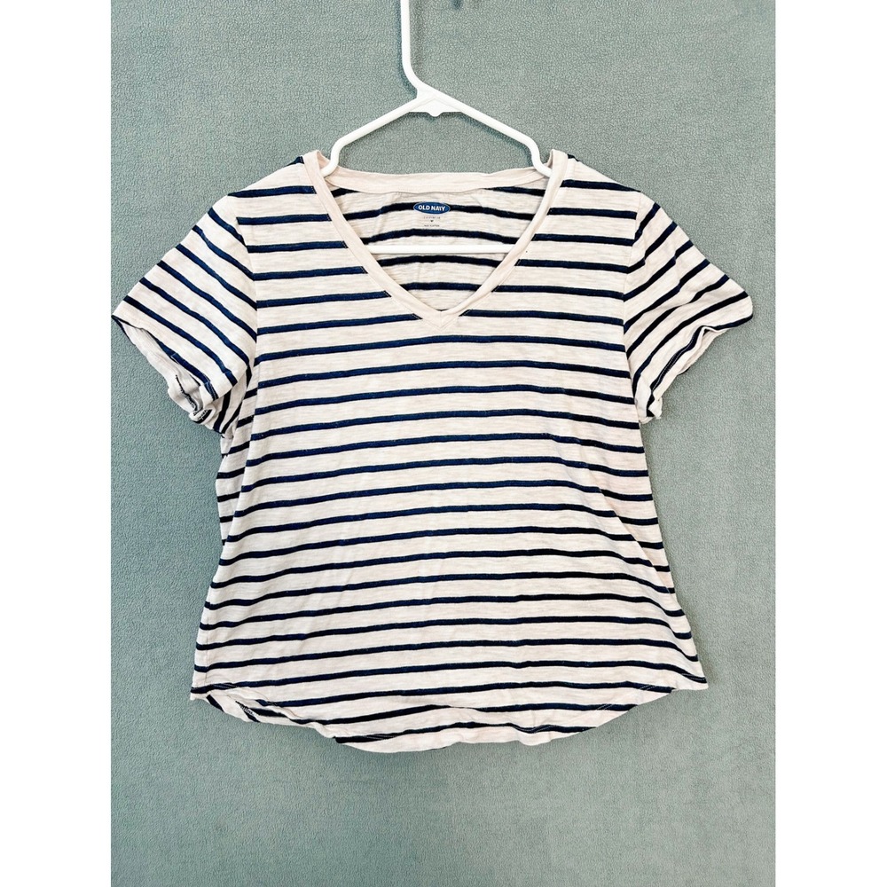 Old Navy Everywear Womens V-Neck T-Shirt Blue White Striped Cotton Size M